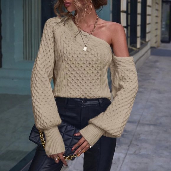 Asymmetrical Neck Cable Knit Sweater top - Picture 7 of 7
